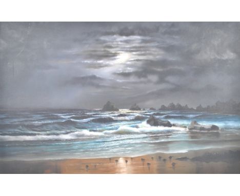ARNOLD BEARDSLEY; oil on canvas, a nocturnal seascape, signed to lower left, 60 x 90cm, framed. (D) CONDITION REPORT: This lo