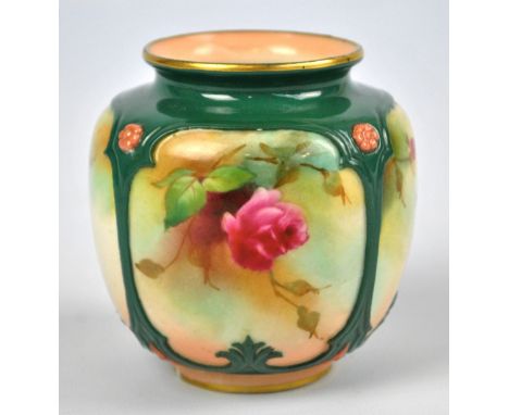 A small Royal Worcester Hadley's roses decorated vase, marked in green to base, date code for 1907, initialled H to the base,