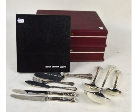 A quantity of silver plated cutlery including two boxed sets of Sheffield Silversmith Co cutlery, pastry forks, large ladle, 