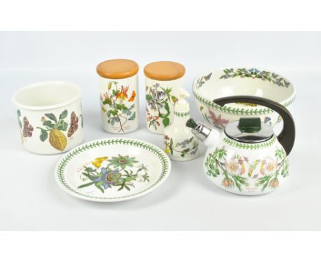 Six Portmeirion 'Botanic Garden' ceramic pieces to include a soap dispenser, a circular bowl and a pair of jars, and a matchi