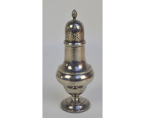 ARTHUR COOK; an Edward VII hallmarked silver baluster sugar caster with pierced domed rim and cast wrythen finial, raised on 