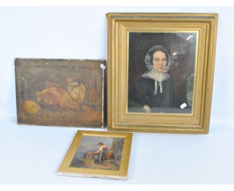 ENGLISH SCHOOL (19th century); oil on canvas, portrait of woman in bonnet, unsigned, 33 x 27cm, framed and glazed, a further 