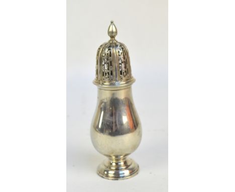 SELFRIDGE & CO LTD; a George VI hallmarked silver baluster sugar caster with domed pierced rim and cast faceted finial, on sp