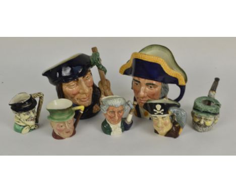 Four Royal Doulton character jugs to include a large 'Lord Nelson' and small 'Long John Silver' (af), also a Beswick 'Micawbe