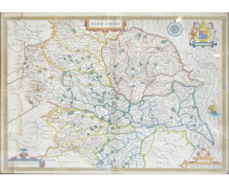 An early 17th century and later coloured map of 'The Countie Palatine of Lancaster described and divided into hundreds', illu