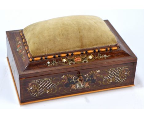 LUIGI PASQUALE (1822-1894); a late 19th century Italian rosewood and finely inlaid sewing box, the hinged lid with padded cen