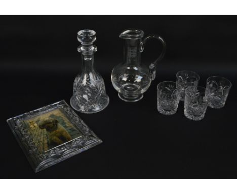A boxed set of four Stuart crystal whisky tumblers with golf related inscription, a St Andrews jug, a pressed glass bell shap