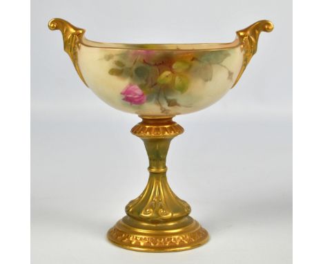 A Royal Worcester Hadley's roses decorated gilt heightened bowl twin scroll handles above waisted stem and spreading circular