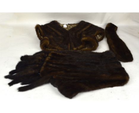 A mink tippet with removable tails to each end and monogrammed RB, a smaller plain example and a brown fur stole/jacket with 