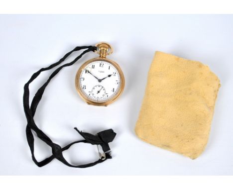 An early 20th century gold plated crown wind open face pocket watch, the circular enamel dial set with Arabic numerals and su