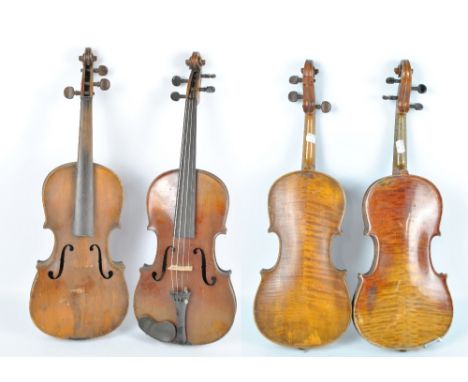 A three quarter size German violin, with two-piece back, Stradivarius copy, length of back 33cm, with another 'Hopf' violin, 