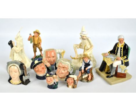 A collection of Royal Doulton character jugs to include 'Anne Boleyn', 'Benjamin Franklin' and 'Old Salt' (all second quality