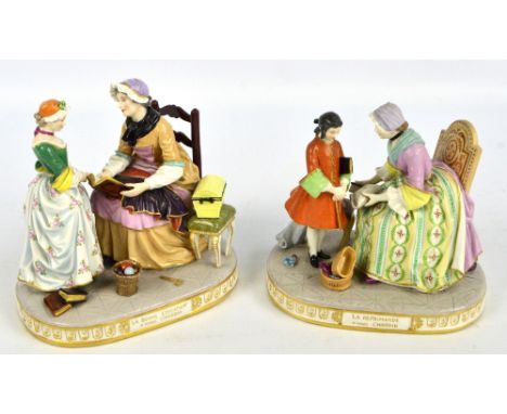 A pair of 19th century French porcelain figure groups modelled after Chardin, 'Good Education' and 'A Reprimand', each marked