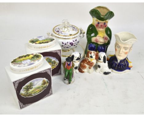 A small quantity of ceramics comprising a large Toby jug, a smaller character jug of The Duke of Wellington, spaniels, a Dick