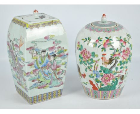 A 19th century Chinese porcelain square sectioned ovoid vase and cover painted in enamels with various figural scenes to each