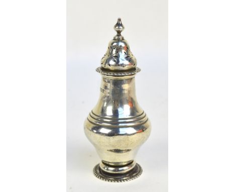 CHARLES BOYTON & SON LTD; an Edward VII hallmarked silver baluster sugar caster with pierced domed rim and cast finial, on sp