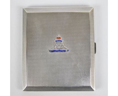 ADIE BROS LTD; a George VI hallmarked silver rectangular cigarette case with overall engine turned decoration and applied ena