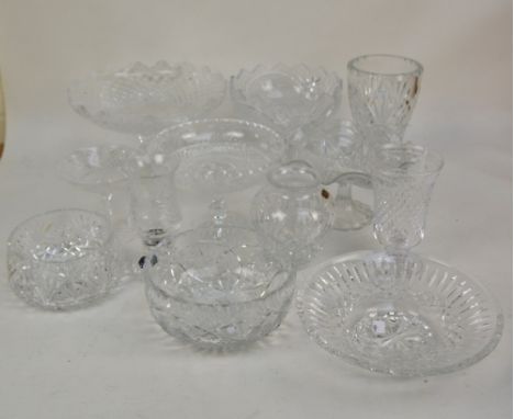 A group of clear cut and pressed glass including various comports and bowls, also a Stuart crystal lamp shade and a Doulton I