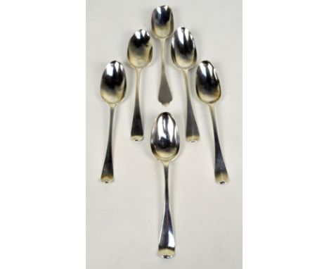 A matched set of five early Georgian hallmarked silver Hanoverian pattern table spoons to include a lace back example, Marmad