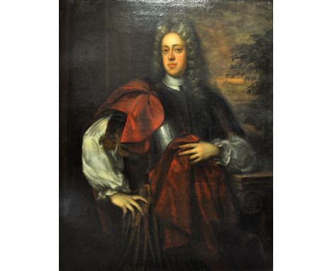 18TH CENTURY ENGLISH SCHOOL; oil on canvas, a three-quarter length portrait of the Irish peer Joshua Allen, 5th Viscount Alle
