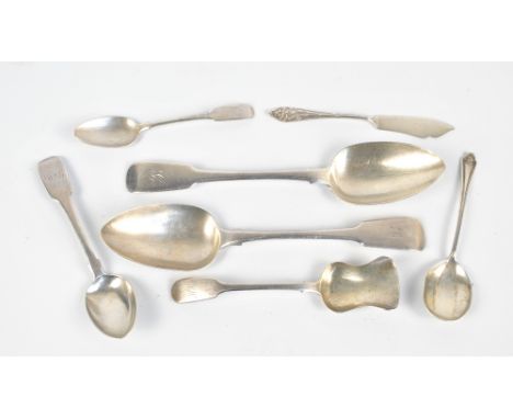 Five variously hallmarked silver spoons to include a pair of George IV serving spoons, initialled 'B' to the finial, Simon Le