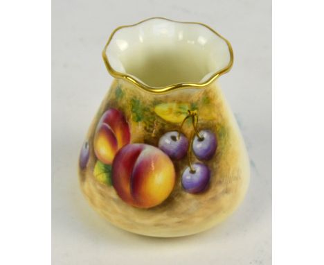 A modern Royal Worcester porcelain vase of tapering form with flared rim, painted with peaches and cherries, signed, no.G957,