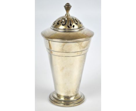 CHARLES S GREEN & CO LTD; a George V hallmarked silver Art Deco sugar caster of tapering form with stepped circular foot, Bir