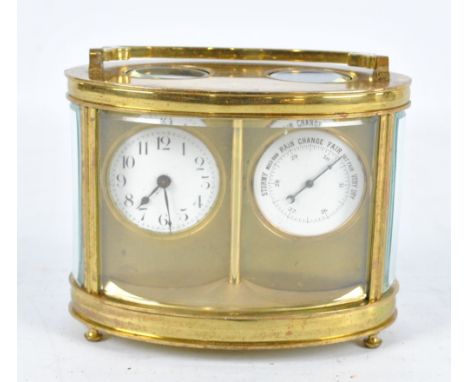 An early 20th century French Duverdrey & Bloquel oval double brass carriage clock and barometer with circular white enamel di