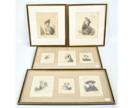 AFTER THOMAS WORLIDGE; eight black and white portrait study etchings to include Rembrandt and 'Mr Garrick in the character of