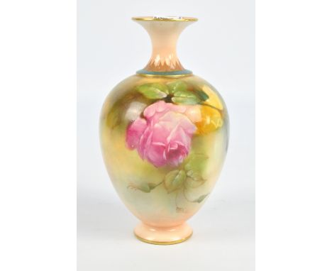 A Royal Worcester Hadley shape 302C/H10, baluster shaped vase decorated with painted roses, signed Kitty Blake, with green ma