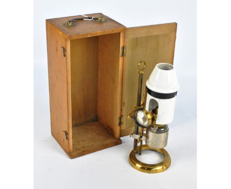 J. LIZARS OF LONDON, GLASGOW, ETC; a wooden cased microscope oil lamp with white porcelain shade, clear glass reservoir, insc