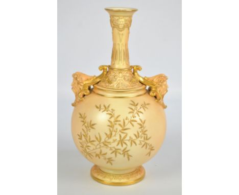 A Royal Worcester blush ivory gilt heightened porcelain vase of globular form with waisted neck above acanthus leaf stand and