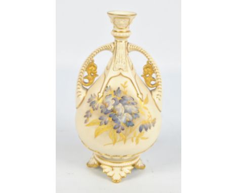 A Royal Worcester twin handled vase, shape 1142, decorated with painted blue flowers with gilt highlights, with puce mark to 