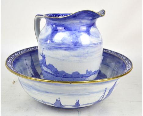 A Royal Winton 'Delph' blue and white decorated toilet jug and bowl, diameter of bowl 42cm. CONDITION REPORT: Both with dull 