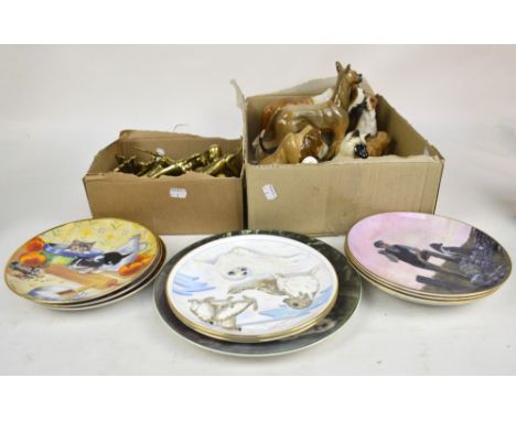 A group of ceramic animal figures to include three Royal Doulton cat models, a Royal Crown Derby swan paperweight with silver