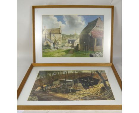 DAVID G LIGHT (20th century); a pair of watercolours, farmyard with town and church in the background and a lumber mill, both
