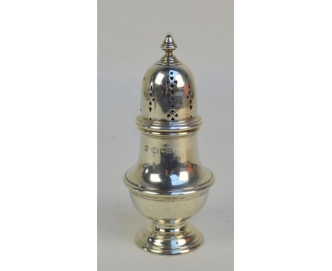 W GREENWOOD & SONS; a George VI hallmarked silver baluster sugar shaker with pierced domed rim and cast finial, on spreading 