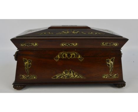 A large William IV rosewood sarcophagus tea caddy with mother of pearl inlaid floral decoration to the front and hinged lid e