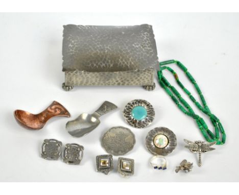 A small group of costume jewellery, to include a circular Ruskin type brooch, a pair of liberty pewter ear clips, a malachite