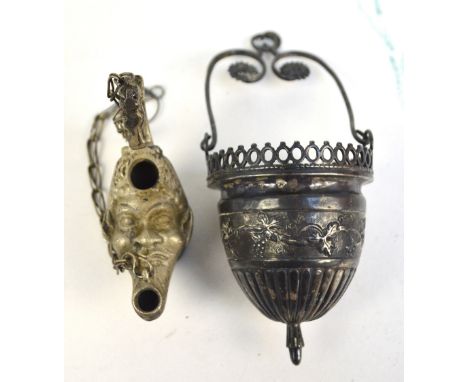 A 19th century Italian silver incense burner embossed with vines and grapes, with swing handle and suspension ring, height 17