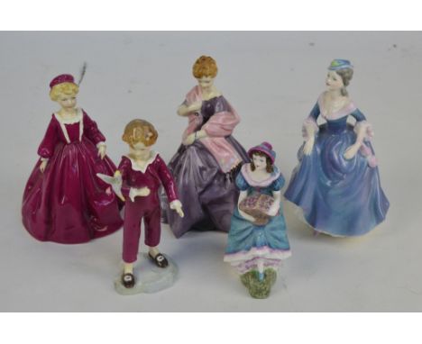 Three Royal Worcester figures including 'The Parakeet' and 'First Dance', and two Coalport figures including 'Jennifer Jane' 