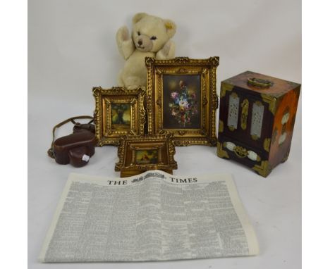 A small group of collectors' items including a Chinese hardwood and brass bound jewellery cabinet with carved hardstone panel