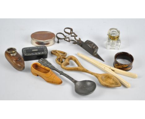 A small group of collectors' items to include a Welsh carved loving spoon, a Victorian papier-mâché mother of pearl inlaid sn