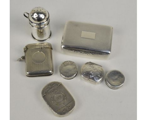 A small group of variously hallmarked silver items to include a rectangular engine turned decorated snuff box, D. Bros, Birmi