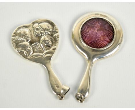 CRISFORD & NORRIS; a George V hallmarked silver chatelaine mirror with purple guilloche enamel roundel to the back, Birmingha