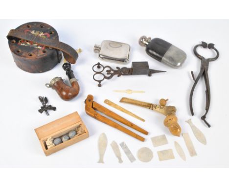 A mixed lot of collectors' items to include three cased musket shots 'Bullets From Marston Moor', a pipe, a bone scoop, a gro