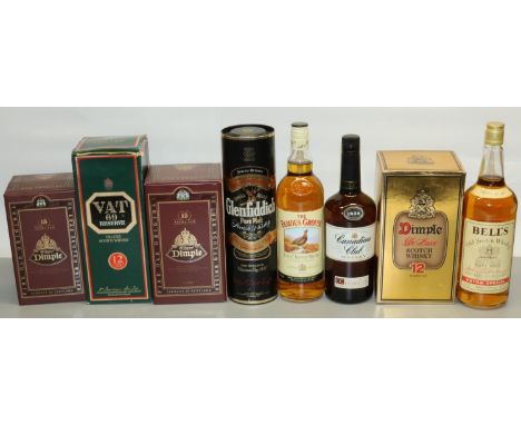 Glenfiddich Pure Malt Scotch Whisky, 86US proof 75cl, in tube, VAT 69 De Luxe Scotch Whisky 12yo, 43 proof 1ltr, Dimple De Lu