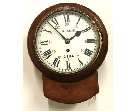 C20th oak cased drop dial Railway wall clock with brass bezel, circular white enamel Roman dial with red painted 24 hour mark