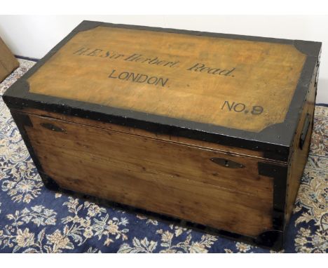 Sir Herbert Read - a metal bound pine travel trunk, with tin lined interior and cast side carry handles, plywood top painted 