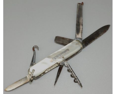 Large early C20th Underwood of London utility knife with two blades, saw. file, screwdriver, spike, corkscrew, toothpick, twe